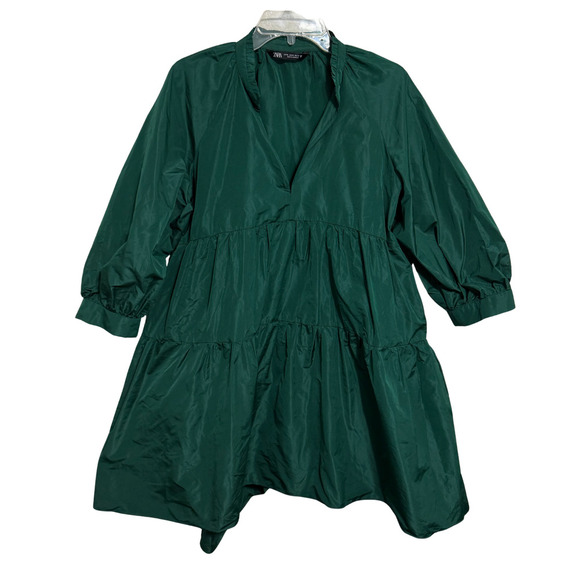 Zara Voluminous Taffeta Green V-Neck Dress - Size XL - Picture 4 of 11